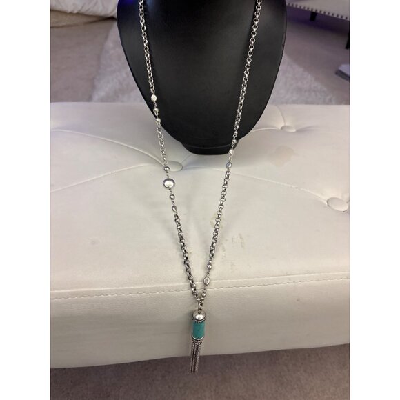 Chicos Turquoise & Silver Tassel Necklace With Chain & Bead Accents Long - Picture 10 of 13